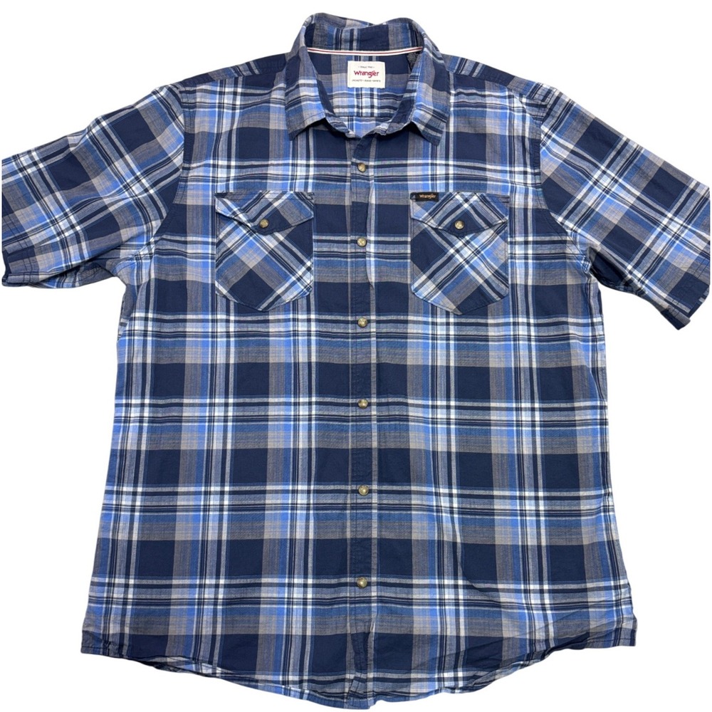 Wrangler Mens Western Short Sleeve Snap Front Shirt Blue Plaid Size XLT